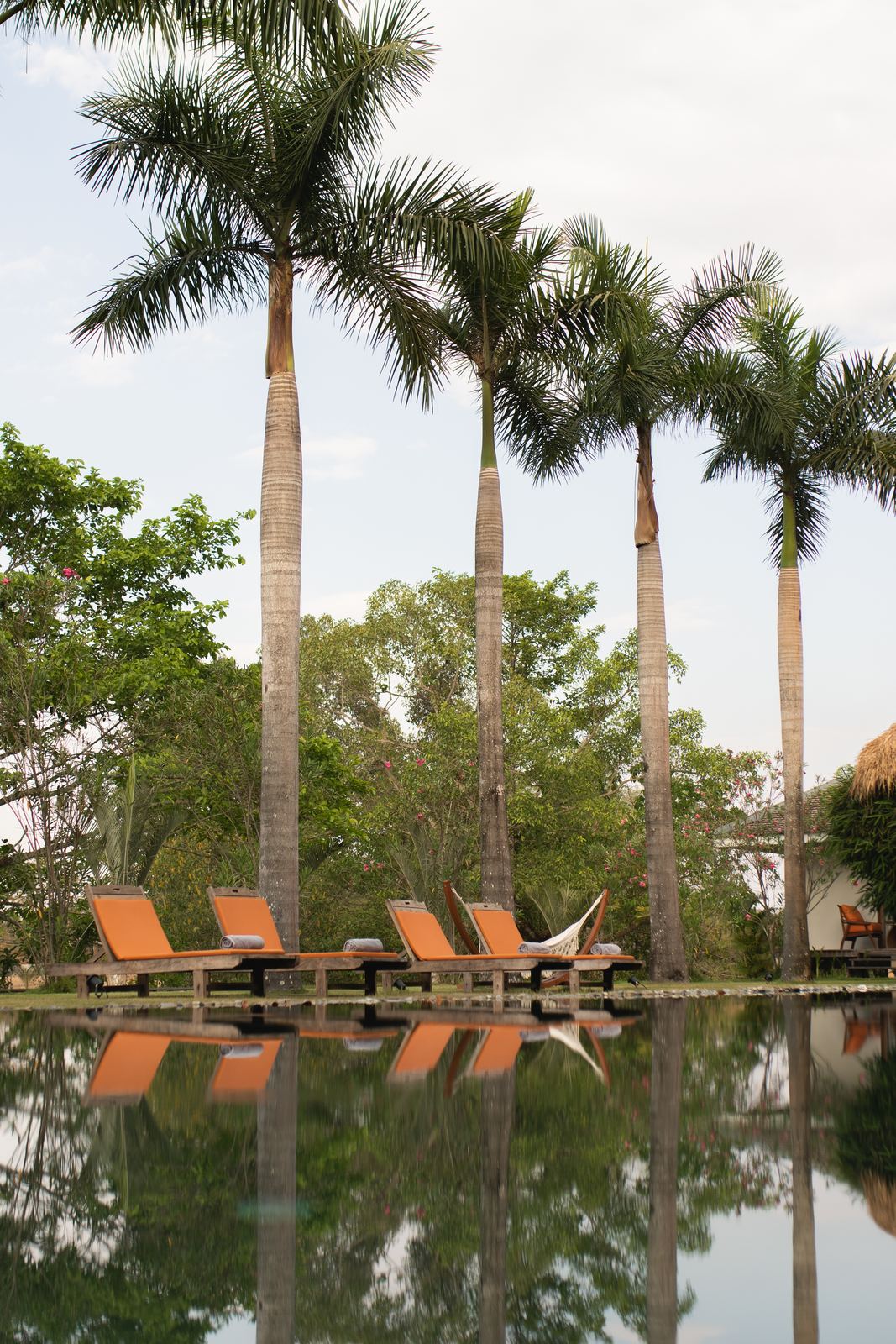 Pool deck at Khla Lodge with palm trees and reflection